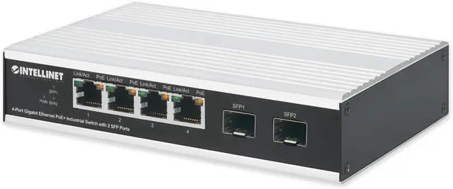 Alt view image 2 of 7 - Intellinet 4-Port Gigabit PoE+ Switch, 2 SFP, 120W, DIN-Rail IP40 508254
