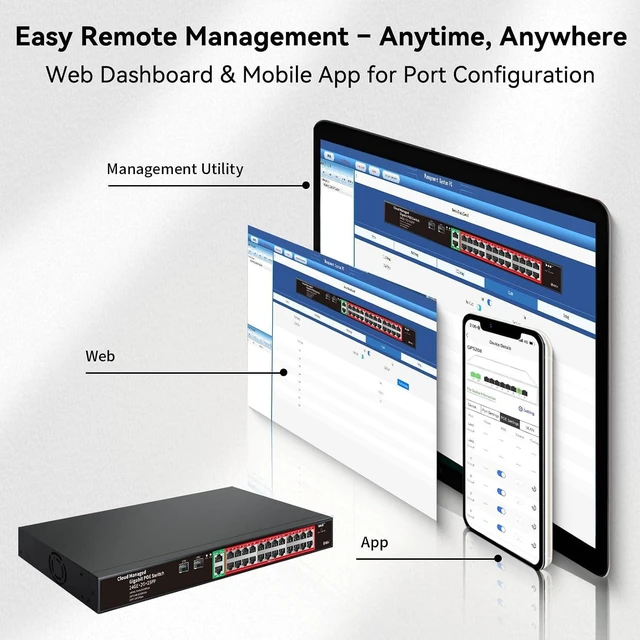 Alt view image 4 of 7 - STEAMEMO 24-Port Managed Gigabit PoE+ Switch