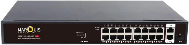 Main image of Marquis 16 Port Full Gigabit PoE Switch with 2 *Gigabit RJ45 Ports, Unmanaged Plug and Play, High Power Total Budget 300W, 802.3af/at Compliant, Fanless & Slience, Metal Housing, Rack Mount