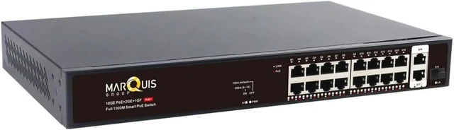 Alt view image 2 of 7 - Marquis 16 Port Full Gigabit PoE Switch with 2 *Gigabit RJ45 Ports, Unmanaged Plug and Play, High Power Total Budget 300W, 802.3af/at Compliant, Fanless & Slience, Metal Housing, Rack Mount