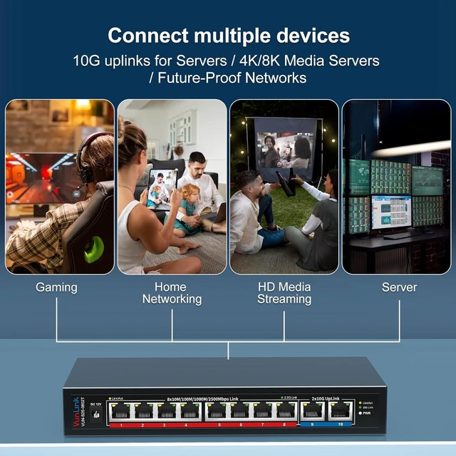 Alt view image 6 of 6 - 10Gb Ethernet Switch with 8 x 2.5GbE RJ45 + 2 x 10GbE RJ45 Ports, VunLink 10 Port Unmanaged 2.5G/10G Multi-Gigabit Network Switch, Plug & Play, Desktop/Wall-Mount, Ideal for NAS, Gaming, Home Office