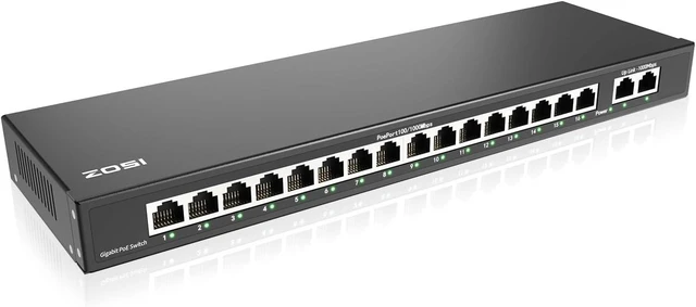 Main image of ZOSI 16 Port Gigabit PoE Switch with 2 Gigabit Uplink Ports, 156W for 16 PoE+ Ports, IEEE802.3af/at, Unmanaged Ethernet Switch, Plug & Play, Sturdy Metal Casing, Desktop/Wall Mount
