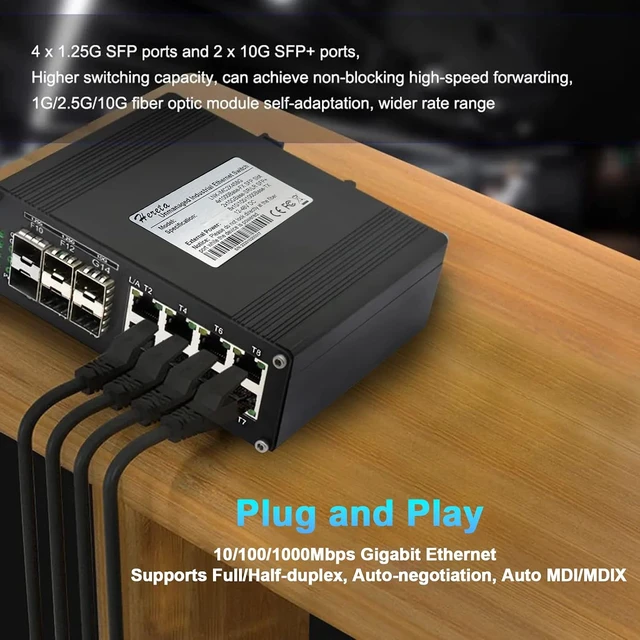 Alt view image 4 of 6 - Industrial 14-Port Gigabit Ethernet Switch, Hardened Unmanaged Network Switch Network Splitter with 8 x Gigabit RJ45 Ports, 4 x 1.25G SFP Ports, 2 x 10G SFP+ Ports, Plug & Play, Aluminum Case