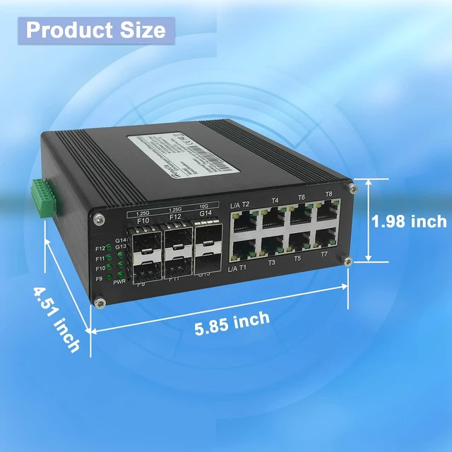 Alt view image 5 of 6 - Industrial 14-Port Gigabit Ethernet Switch, Hardened Unmanaged Network Switch Network Splitter with 8 x Gigabit RJ45 Ports, 4 x 1.25G SFP Ports, 2 x 10G SFP+ Ports, Plug & Play, Aluminum Case