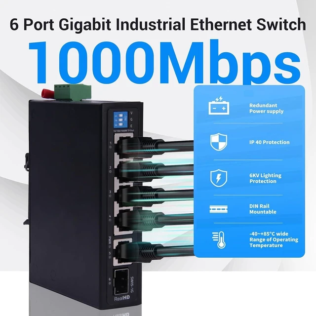 Alt view image 3 of 6 - Industrial Ethernet Switch, 6-Port Gigabit Ethernet Switch Hardened, 1000Mbps, 4*1 RJ45 Uplink+1 SFP Port, Din Rail & Wall Mountable (-40 to 185 F), 12Gbps Switching Capacity, with UL Power Supply