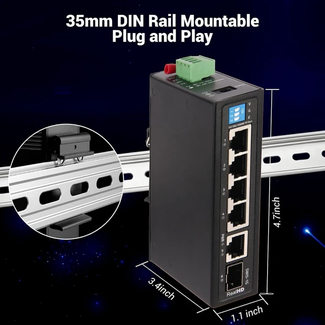 Alt view image 6 of 6 - Industrial Ethernet Switch, 6-Port Gigabit Ethernet Switch Hardened, 1000Mbps, 4*1 RJ45 Uplink+1 SFP Port, Din Rail & Wall Mountable (-40 to 185 F), 12Gbps Switching Capacity, with UL Power Supply