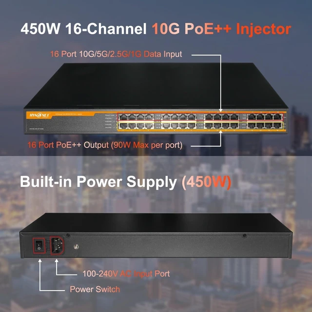 Alt view image 4 of 7 - 16 Port 802.3bt 10G PoE++ Injector, 16 Port 90W PoE++@450W, 1G/2.5G/5G/10Gbps PoE++ Midspan(Model:PE916R-10G-BT-450W)