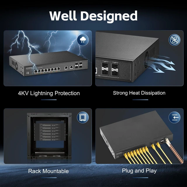 Alt view image 6 of 7 - 14 Port 10G Switch, 8x2.5G, 2x10G RJ45, 4x10G SFP+, Metal Unmanaged Binardat Ethernet Switch, Desktop
