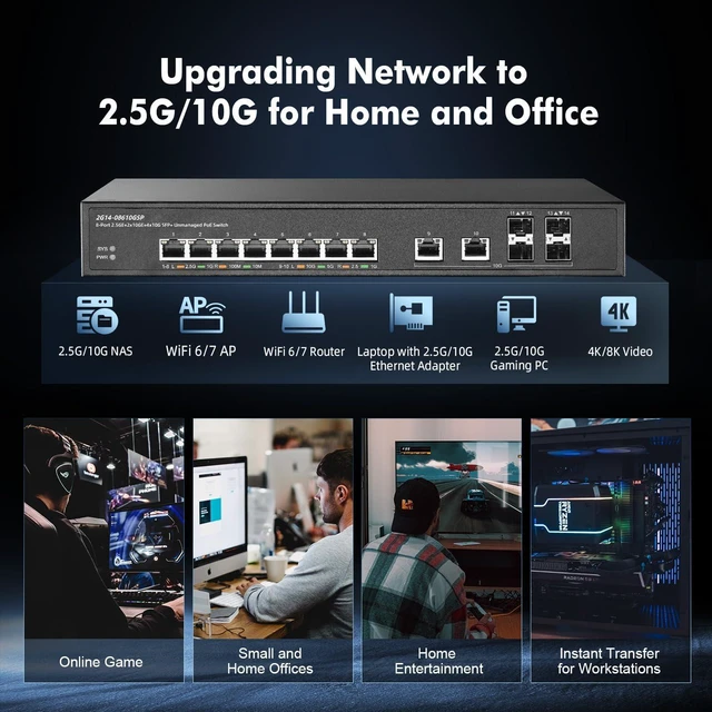 Alt view image 7 of 7 - 14 Port 10G Switch, 8x2.5G, 2x10G RJ45, 4x10G SFP+, Metal Unmanaged Binardat Ethernet Switch, Desktop