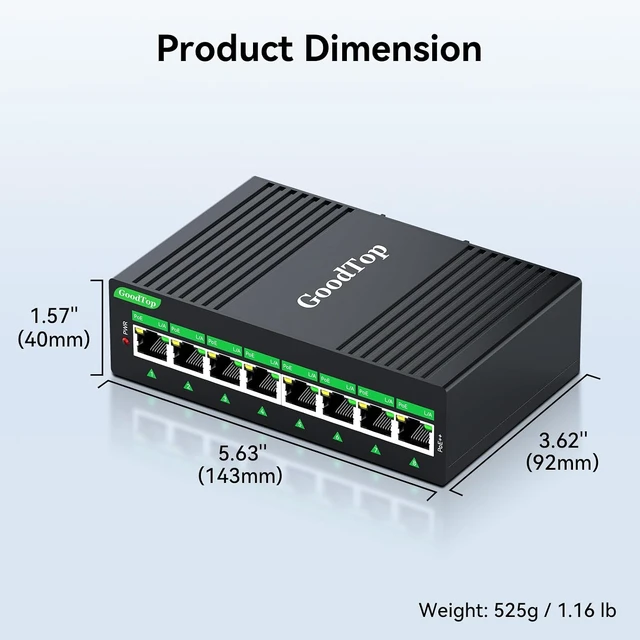 Alt view image 6 of 7 - 8-Port Industrial Gigabit PoE++ Switch, 8X 90W PoE, 802.3bt, DIN-Rail