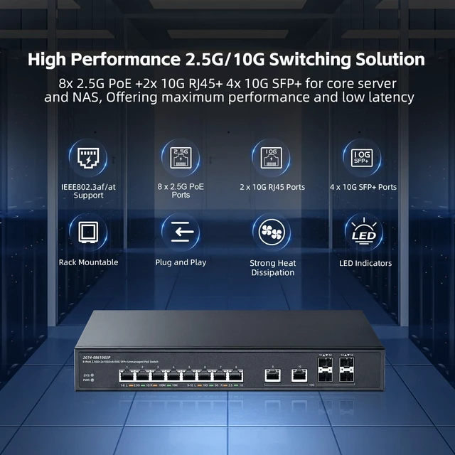 Alt view image 2 of 7 - 14 Port 10G Switch, 8x2.5G, 2x10G RJ45, 4x10G SFP+, Metal Unmanaged Binardat Ethernet Switch, Desktop