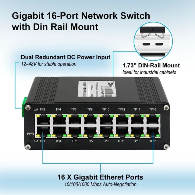 Alt view image 2 of 6 - Elenzk 16 Port Gigabit Switch, Din Rail Ethernet Network Switch