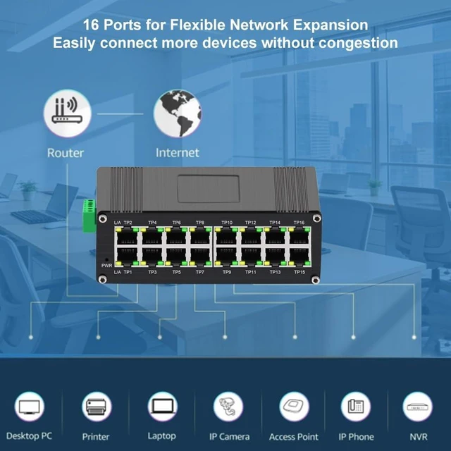 Alt view image 4 of 6 - Elenzk 16 Port Gigabit Switch, Din Rail Ethernet Network Switch