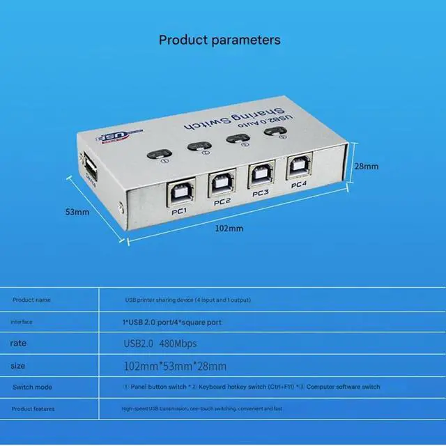 Alt view image 2 of 7 - 4-in, 1-Out USB Synchronizer, 4-Port USB Multi-Computer AutomaticDNF Keyboard Mouse Shared Display/Distributor, USB Printer Sharing Device Controller