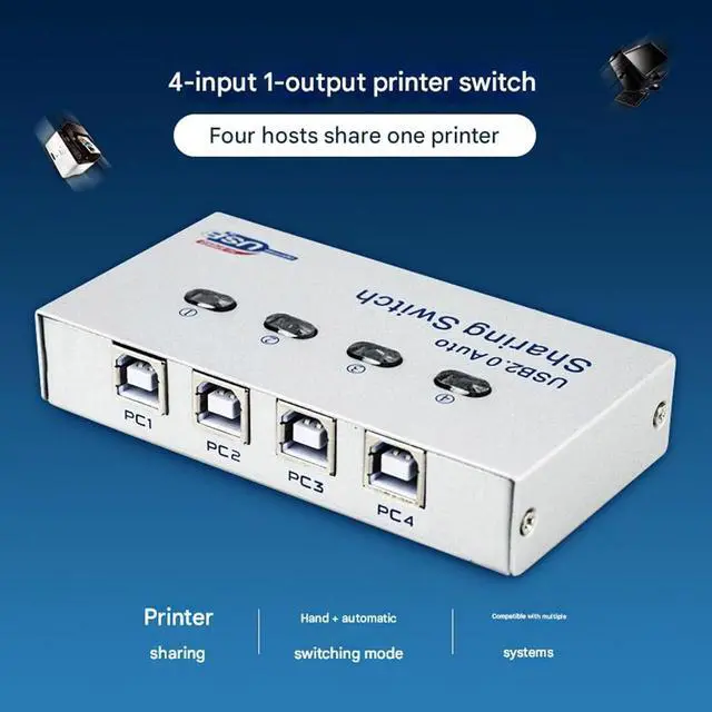 Alt view image 5 of 7 - 4-in, 1-Out USB Synchronizer, 4-Port USB Multi-Computer AutomaticDNF Keyboard Mouse Shared Display/Distributor, USB Printer Sharing Device Controller