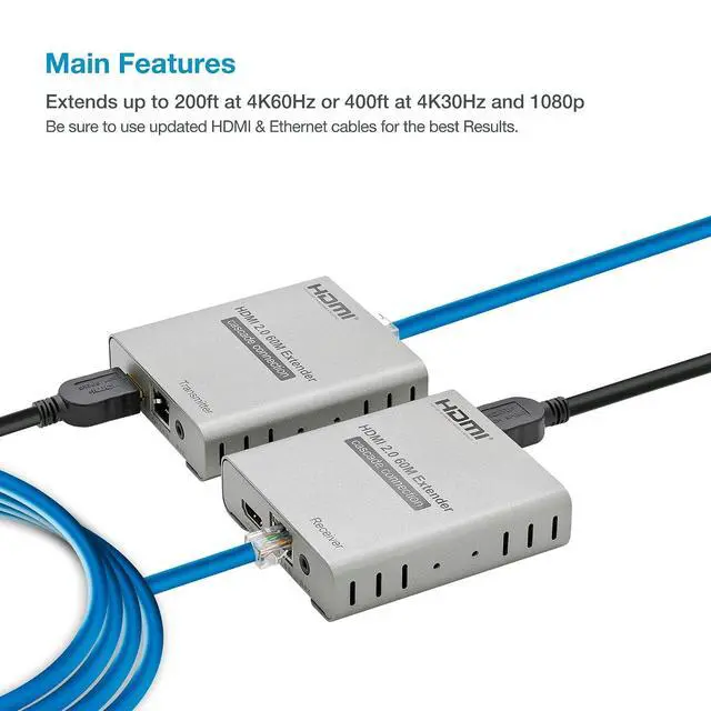 Alt view image 2 of 6 - ET4K60M 4K@60Hz HDMI 2.0 Extender Over Cat6/Cat7 up to 200 ft, HDR10, HDCP 2.2, 18 Gbps, IR Pass-Through, HDMI Loop-Out, Cascading, Metal Housing TX/RX Kit