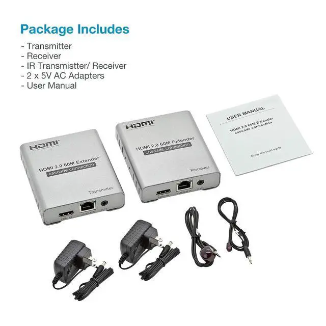Alt view image 6 of 6 - ET4K60M 4K@60Hz HDMI 2.0 Extender Over Cat6/Cat7 up to 200 ft, HDR10, HDCP 2.2, 18 Gbps, IR Pass-Through, HDMI Loop-Out, Cascading, Metal Housing TX/RX Kit