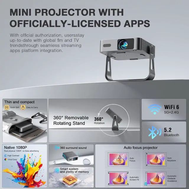 Alt view image 6 of 7 - Officially-Licensed APP & 2000ANSI Smart Mini Projector with WiFi and Bluetooth, VISSPL Native 1080P Auto Focus & Keystone Portable Outdoor Projector, 4K Support Movie Projector for Display Booths