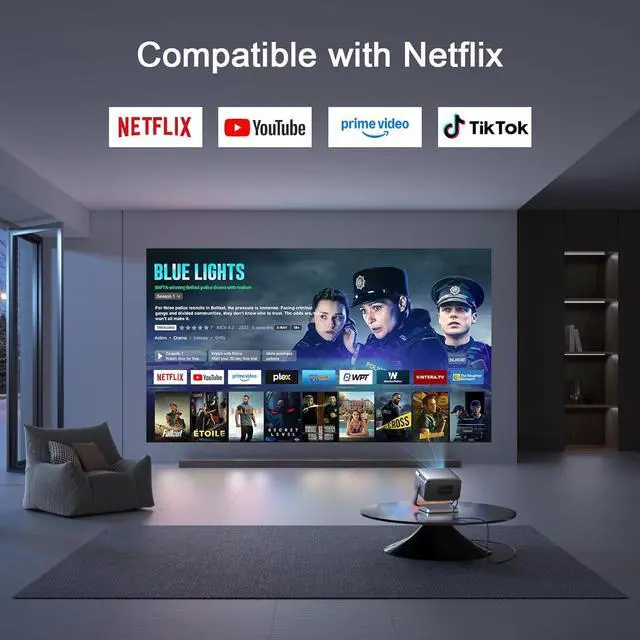 Alt view image 2 of 5 - Officially-Licensed APP & 1800ANSISmart 4K Projector with WiFi and Bluetooth, VISSPL Native 1080P Auto Focus & Keystone Portable Outdoor Projector, 4K Support Home Movie Projector Sliver