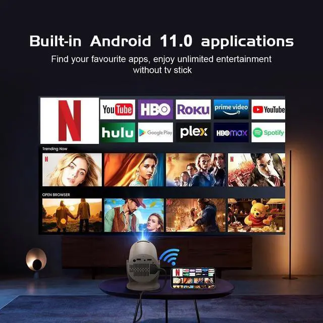 Alt view image 3 of 7 - Mini Projector with WiFi and Bluetooth & Android 4K Protable Smart Projector Auto Vertical Keystone Compatible with HDMI/Smartphone/USB for Movie/Gaming