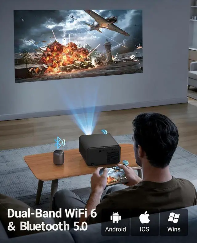 Alt view image 2 of 7 - Native 1080P & Auto FocusMini Projector with WiFi and Bluetooth, 800Ansi Brightness, Support 4K HD, Portable Movie Projector, Auto Keystone Correction, Compatible with Smartphone, Laptop, HDMI, USB