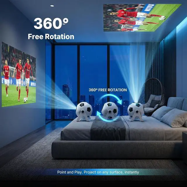 Alt view image 4 of 7 - Soccer Projector with Built-in Apps, 360° Rotating Design, 1080P Supported Smart Projector with WiFi & Bluetooth for Soccer Game Nights, Family Entertainment & Kids Room