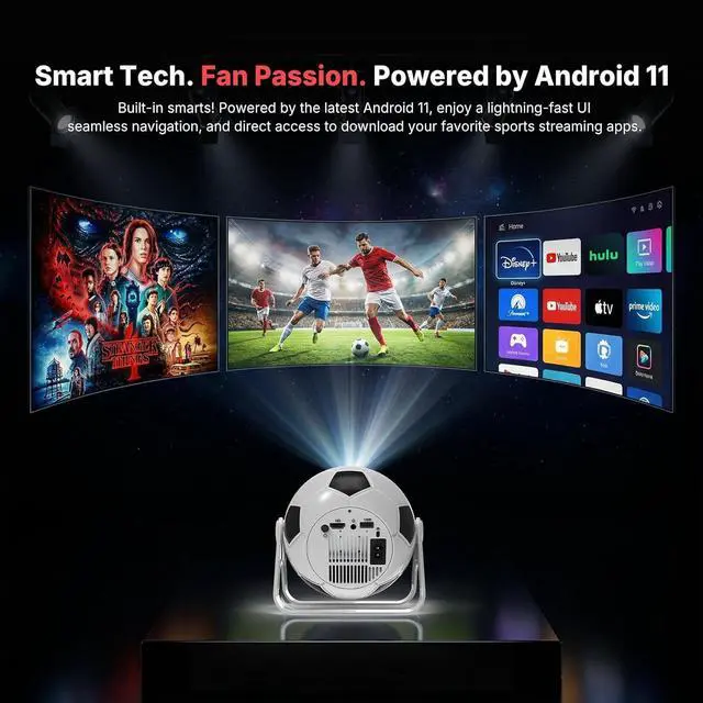 Alt view image 5 of 7 - Soccer Projector with Built-in Apps, 360° Rotating Design, 1080P Supported Smart Projector with WiFi & Bluetooth for Soccer Game Nights, Family Entertainment & Kids Room