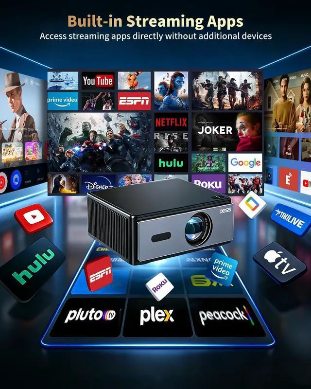 Alt view image 3 of 7 - DESS Smart 4K 1080P Home Video Projector, WiFi 6 BT, 15° Motorized Bracket