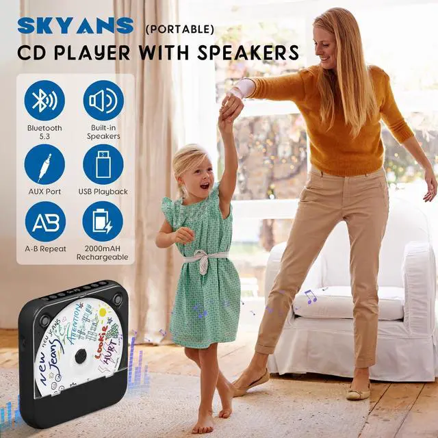 Alt view image 9 of 14 - Portable CD Player with Bluetooth 5.3, Rechargeable CD Player for Home/Car, Built-in HiFi Speakers, Headphones, LCD Screen, Supports CD/AUX/USB and Repeat Modes, Black