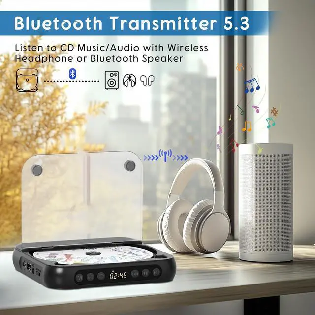Alt view image 12 of 14 - Portable CD Player with Bluetooth 5.3, Rechargeable CD Player for Home/Car, Built-in HiFi Speakers, Headphones, LCD Screen, Supports CD/AUX/USB and Repeat Modes, Black