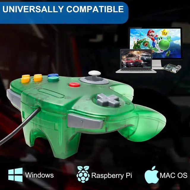 Alt view image 4 of 6 - Classic N64 USB Controller, N64 Remote Wired USB Game Joystick Controller for Windows PC & MAC & Raspberry Pi Clear Green