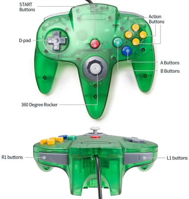 Alt view image 5 of 6 - Classic N64 USB Controller, N64 Remote Wired USB Game Joystick Controller for Windows PC & MAC & Raspberry Pi Clear Green