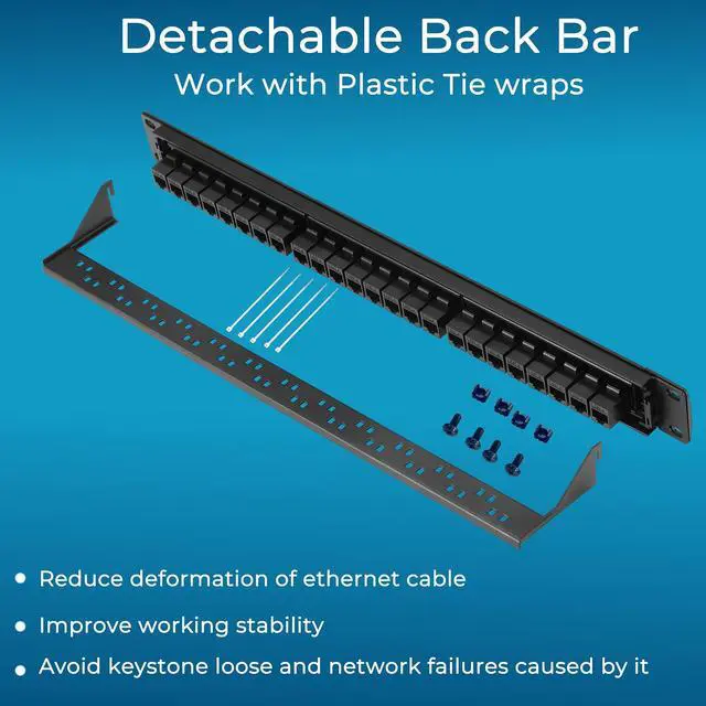 Alt view image 13 of 14 - Patch Panel 24 Port Cat6 with Inline Keystone 10G Support, Pass-Thru Coupler Patch Panel UTP 19-Inch with Removable Back Bar, 1U Network Panel for Cat6, Cat5e, Cat5 Cabling