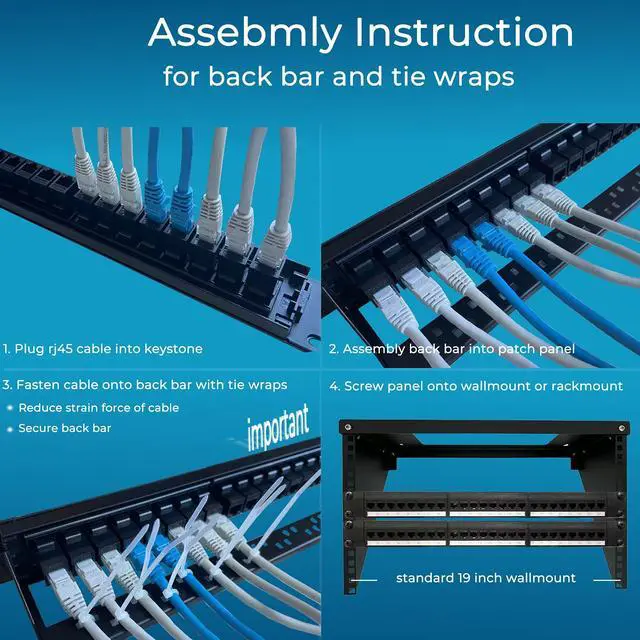 Alt view image 14 of 14 - Patch Panel 24 Port Cat6 with Inline Keystone 10G Support, Pass-Thru Coupler Patch Panel UTP 19-Inch with Removable Back Bar, 1U Network Panel for Cat6, Cat5e, Cat5 Cabling