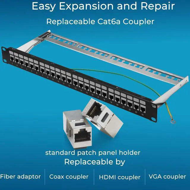Alt view image 10 of 14 - Patch Panel 24 Port Cat6A with Inline Keystone 10G Support, Coupler Patch Panel STP Shielded 19-Inch with Removable Back Bar, 1U Network Panel for Cat7, Cat6, Cat6A, Cat5e