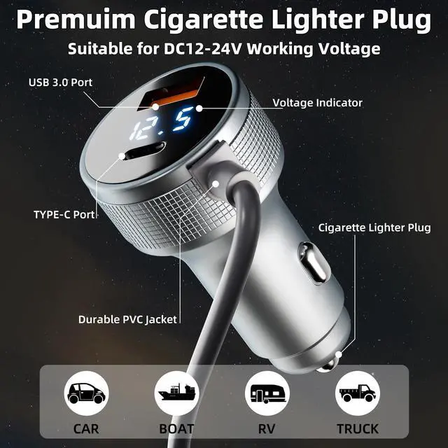 Alt view image 10 of 12 - Starlink Mini 12V Car Adapter with Step Up Converter, Star Link Mini Power Cable 3FT 12V-24V to 30V Boost Cigarette Lighter 12 Volt Adapter with USB A QC 3.0, Type-C PD 45W Ports and Voltmeter