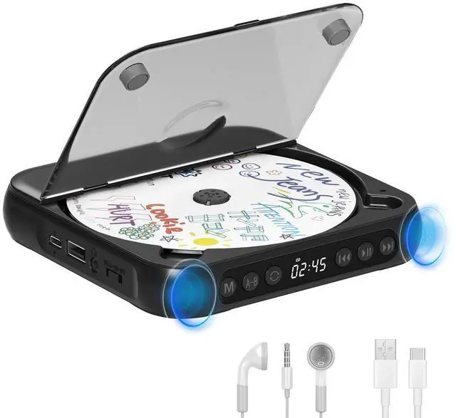 Alt view image 8 of 14 - Portable CD Player with Bluetooth 5.3, Rechargeable CD Player for Home/Car, Built-in HiFi Speakers, Headphones, LCD Screen, Supports CD/AUX/USB and Repeat Modes, Black