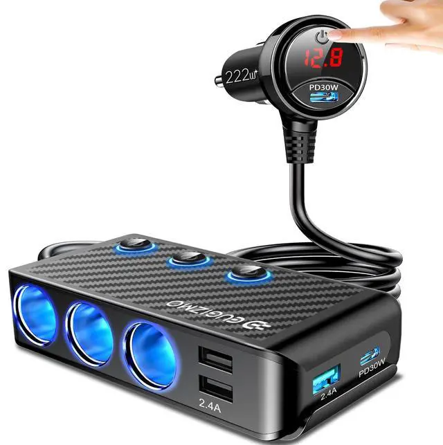 Alt view image 8 of 14 - Cigarette Lighter Adapter, 222W 3 Socket Car Cigarette Lighter Plug USB Charger Multi Port 12V Car Plug Outlet Splitter with LED Voltage Display Independent Switches