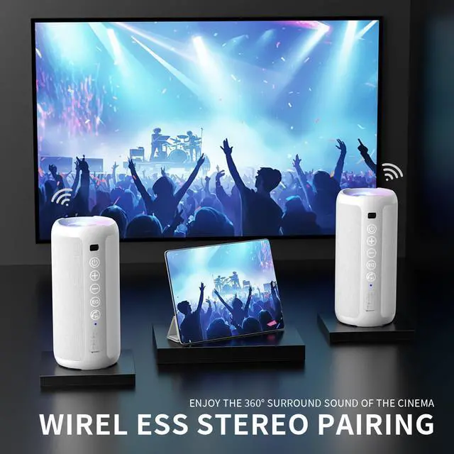 Alt view image 10 of 14 - Portable Bluetooth Speaker: IPX7 Waterproof, 24W Loud Sound, Deep Bass, Bluetooth 5.3, LED Lights, Wireless Stereo Pairing, 30H Playtime, for Home/Outdoor/Party/Beach, Birthday Gift (White)