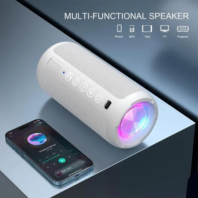 Alt view image 12 of 14 - Portable Bluetooth Speaker: IPX7 Waterproof, 24W Loud Sound, Deep Bass, Bluetooth 5.3, LED Lights, Wireless Stereo Pairing, 30H Playtime, for Home/Outdoor/Party/Beach, Birthday Gift (White)