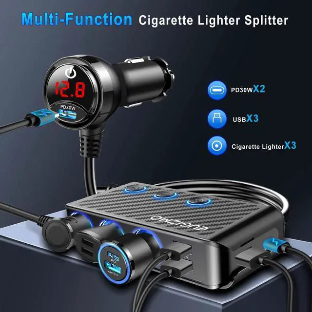 Alt view image 10 of 14 - Cigarette Lighter Adapter, 222W 3 Socket Car Cigarette Lighter Plug USB Charger Multi Port 12V Car Plug Outlet Splitter with LED Voltage Display Independent Switches