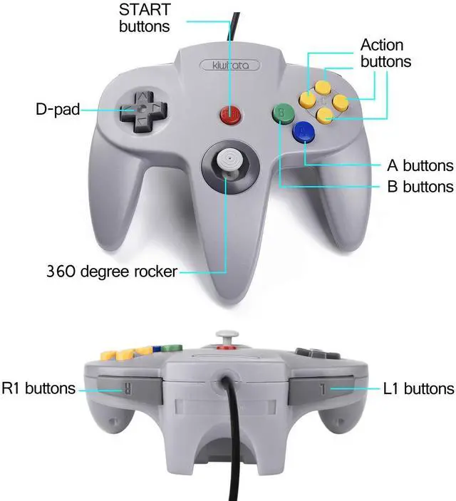 Alt view image 13 of 14 - Classic N64 Controller, Retro N64 Wired Remote Joystick Gamepad Controller Compatible with N64 Video Game System Console Gray