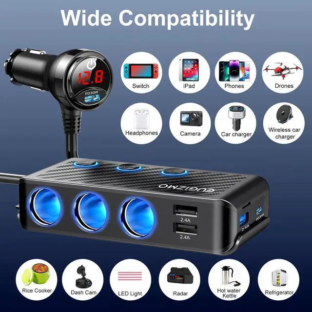 Alt view image 13 of 14 - Cigarette Lighter Adapter, 222W 3 Socket Car Cigarette Lighter Plug USB Charger Multi Port 12V Car Plug Outlet Splitter with LED Voltage Display Independent Switches