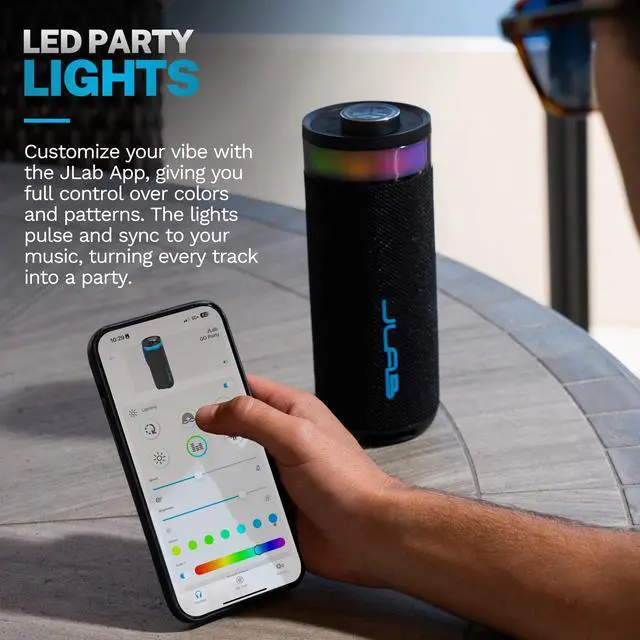 Alt view image 10 of 14 - Go Party Portable Bluetooth Speaker, Midnight Black, 10 Watts of Power, 16+ Hours of Playtime, IP56 Waterproofing, Customizable RGB LED Lighting, Lab Sync Up to 100 Speakers, Custom Sound in-App