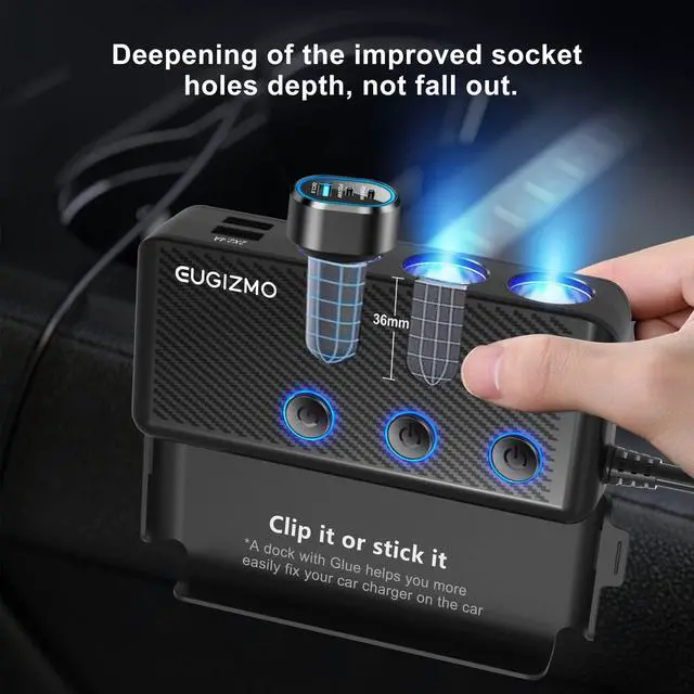 Alt view image 14 of 14 - Cigarette Lighter Adapter, 222W 3 Socket Car Cigarette Lighter Plug USB Charger Multi Port 12V Car Plug Outlet Splitter with LED Voltage Display Independent Switches
