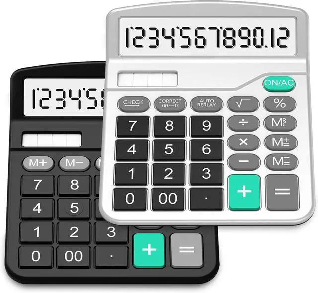 Alt view image 8 of 14 - Calculator, Splaks 2 Pack Standard Functional Desktop Calculators Solar and AA Battery Dual Power Electronic Office Calculators with 12-Digit Large Display (1 Basic Black&1 Updated Silver)