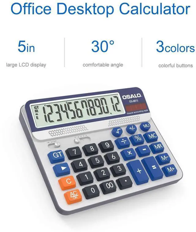 Alt view image 9 of 14 - Desktop Calculator Extra Large 5-Inch LCD Display 12-Digit Big Number Accounting Calculator with Giant Response Button, Battery & Solar Powered, Perfect for Office Business Home Daily Use(OS-6815)