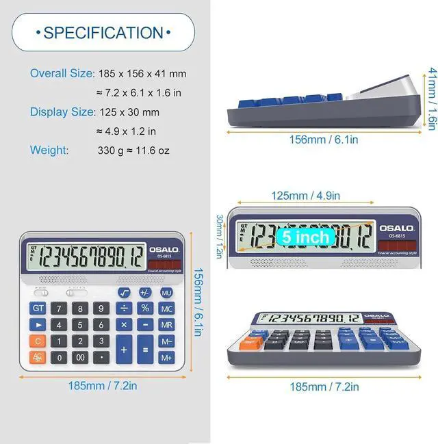 Alt view image 11 of 14 - Desktop Calculator Extra Large 5-Inch LCD Display 12-Digit Big Number Accounting Calculator with Giant Response Button, Battery & Solar Powered, Perfect for Office Business Home Daily Use(OS-6815)