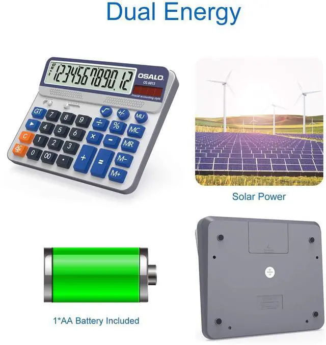 Alt view image 14 of 14 - Desktop Calculator Extra Large 5-Inch LCD Display 12-Digit Big Number Accounting Calculator with Giant Response Button, Battery & Solar Powered, Perfect for Office Business Home Daily Use(OS-6815)