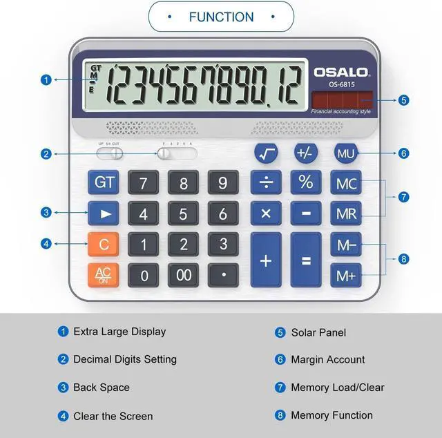 Alt view image 12 of 14 - Desktop Calculator Extra Large 5-Inch LCD Display 12-Digit Big Number Accounting Calculator with Giant Response Button, Battery & Solar Powered, Perfect for Office Business Home Daily Use(OS-6815)
